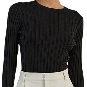 Topshop Black Long Sleeve Ribbed Sweater Top - Wide Rib Top Crew Neck Stretchy